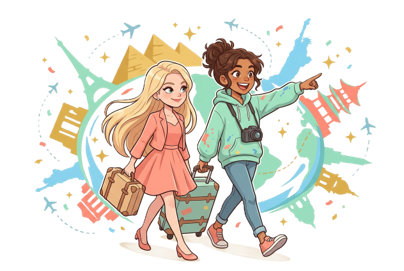 Ilustración de Anto y Bella listas para viajar